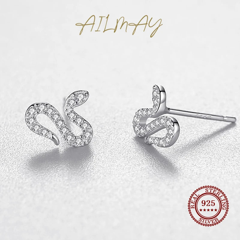 925 Sterling Silver Little Snake Earrings Sparkling CZ