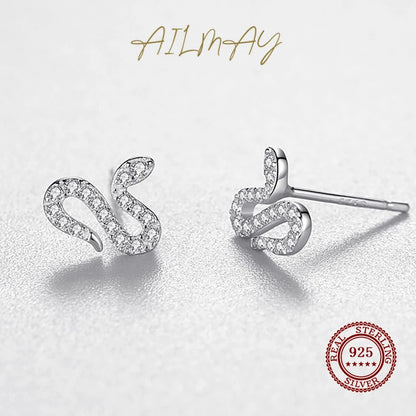 925 Sterling Silver Little Snake Earrings Sparkling CZ