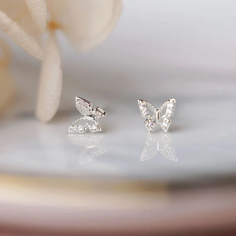 925 Sterling Silver Korean Inlaid Crystal Butterfly Stud Earrings
