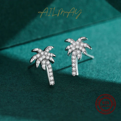 925 Sterling Silver Coconut Tree Clear Zircon Stud Earrings