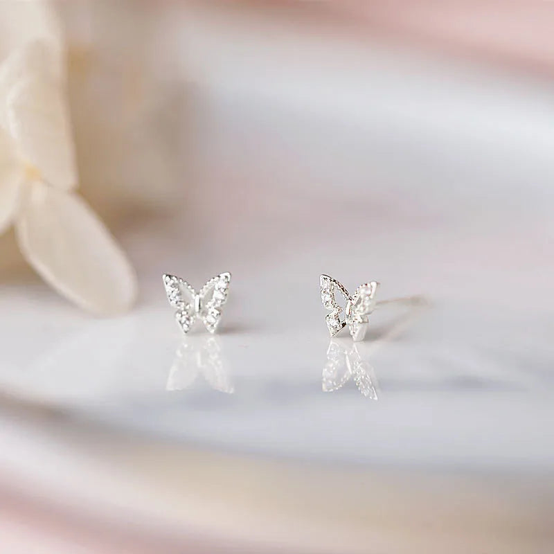 925 Sterling Silver Korean Inlaid Crystal Butterfly Stud Earrings