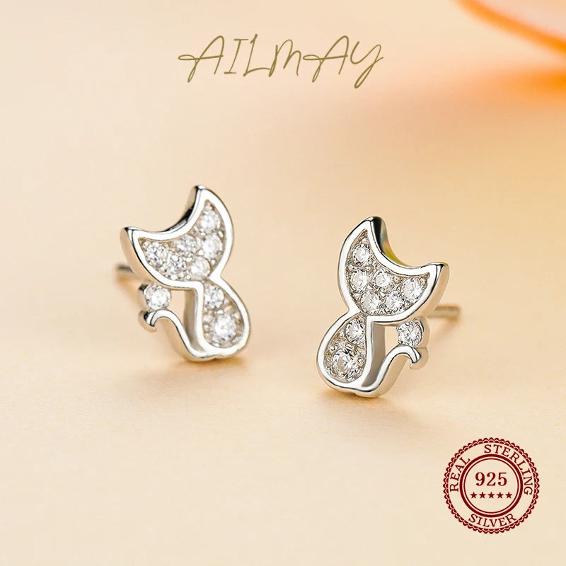 Cat Silver Stud Earrings 925 Sterling Silver Sparkling CZ