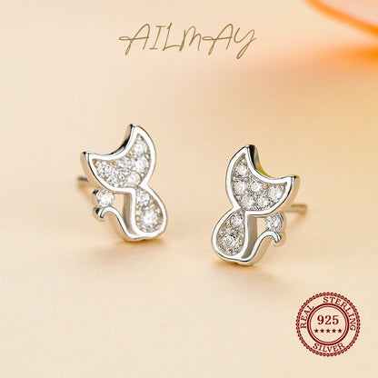 Cat Silver Stud Earrings 925 Sterling Silver Sparkling CZ
