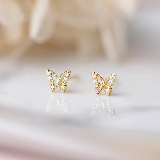 925 Sterling Silver Korean Inlaid Crystal Butterfly Stud Earrings