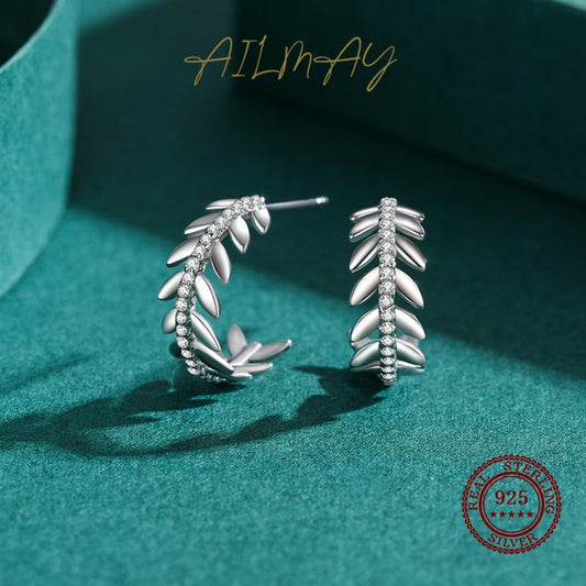 925 Sterling Silver Elegant Leaf Clear Zircon Stud Earrings