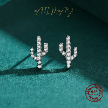 925 Sterling Silver Cactus Clear Zircon Stud Earrings