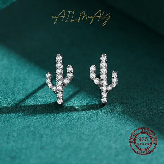 925 Sterling Silver Cactus Clear Zircon Stud Earrings