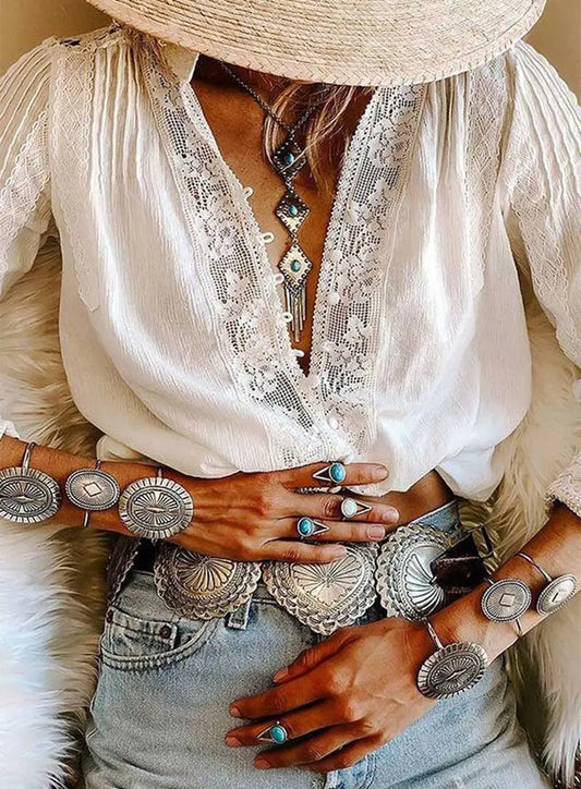 White Floral Lace V-Neck Blouses