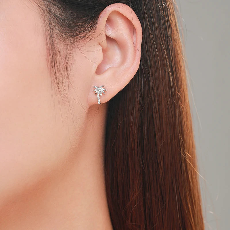 925 Sterling Silver Coconut Tree Clear Zircon Stud Earrings