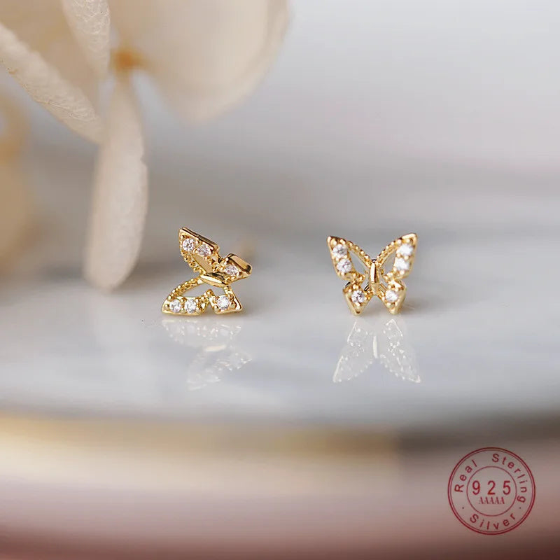 925 Sterling Silver Korean Inlaid Crystal Butterfly Stud Earrings