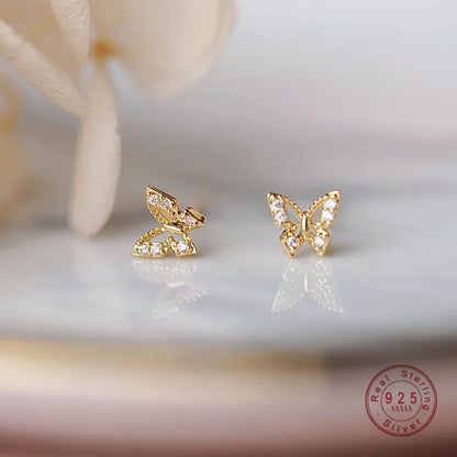 925 Sterling Silver Korean Inlaid Crystal Butterfly Stud Earrings