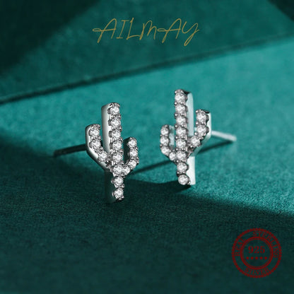 925 Sterling Silver Cactus Clear Zircon Stud Earrings