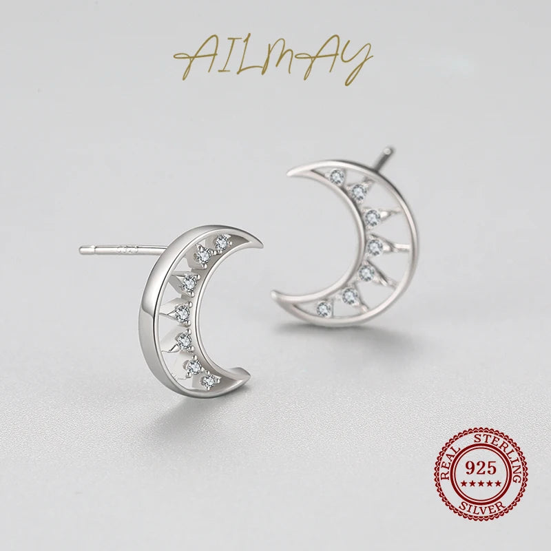925 Sterling Silver Cubic Zirconia Moon Stud Earrings