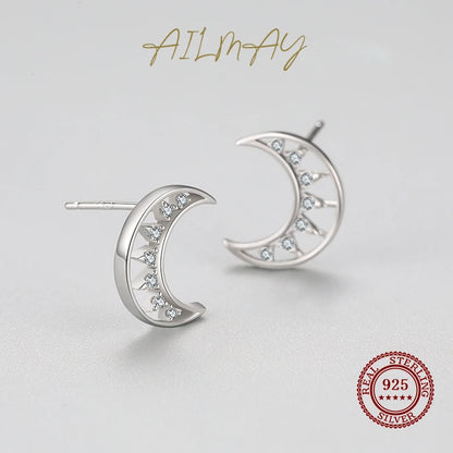 925 Sterling Silver Cubic Zirconia Moon Stud Earrings