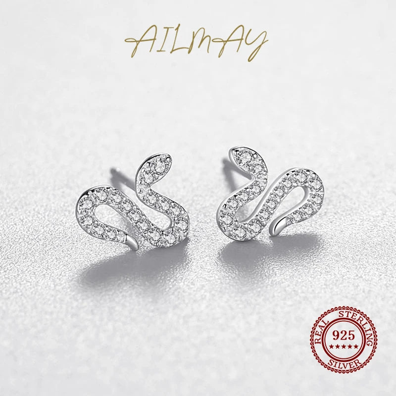 925 Sterling Silver Little Snake Earrings Sparkling CZ