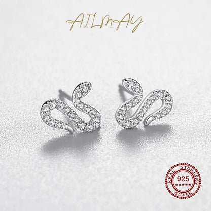 925 Sterling Silver Little Snake Earrings Sparkling CZ