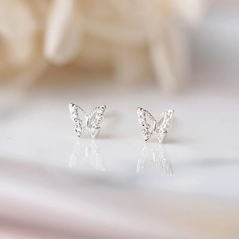 925 Sterling Silver Korean Inlaid Crystal Butterfly Stud Earrings