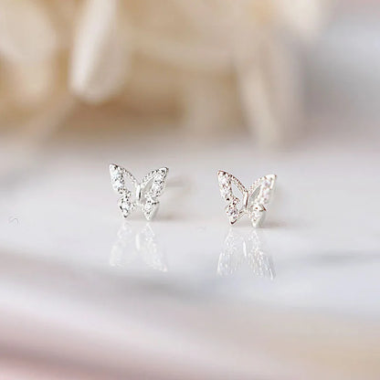 925 Sterling Silver Korean Inlaid Crystal Butterfly Stud Earrings