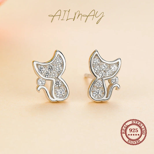 Cat Silver Stud Earrings 925 Sterling Silver Sparkling CZ