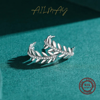 925 Sterling Silver Elegant Leaf Clear Zircon Stud Earrings