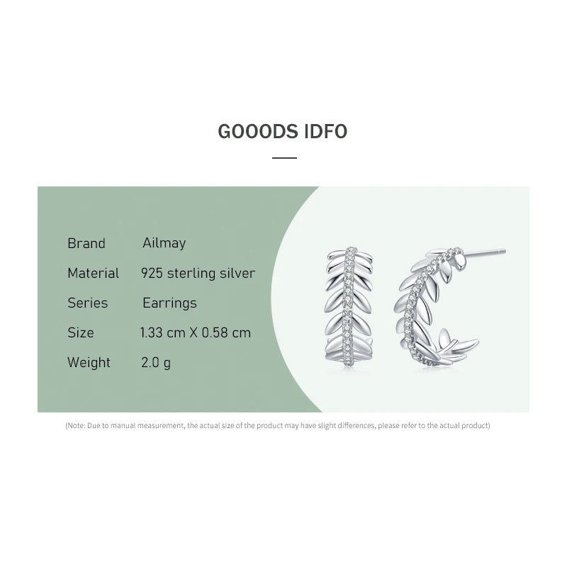 925 Sterling Silver Elegant Leaf Clear Zircon Stud Earrings