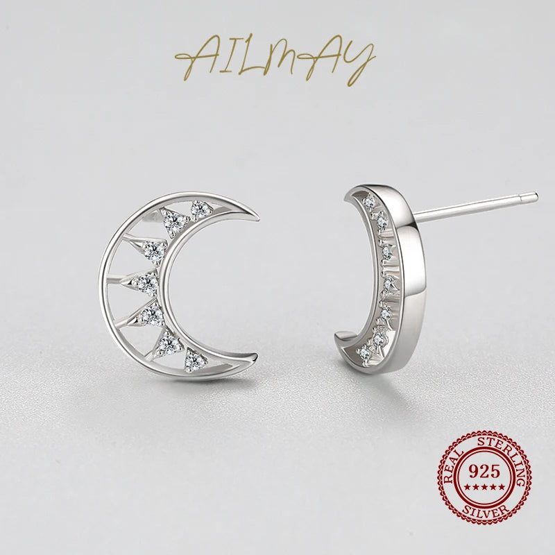 925 Sterling Silver Cubic Zirconia Moon Stud Earrings