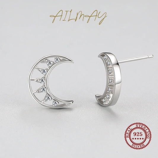 925 Sterling Silver Cubic Zirconia Moon Stud Earrings