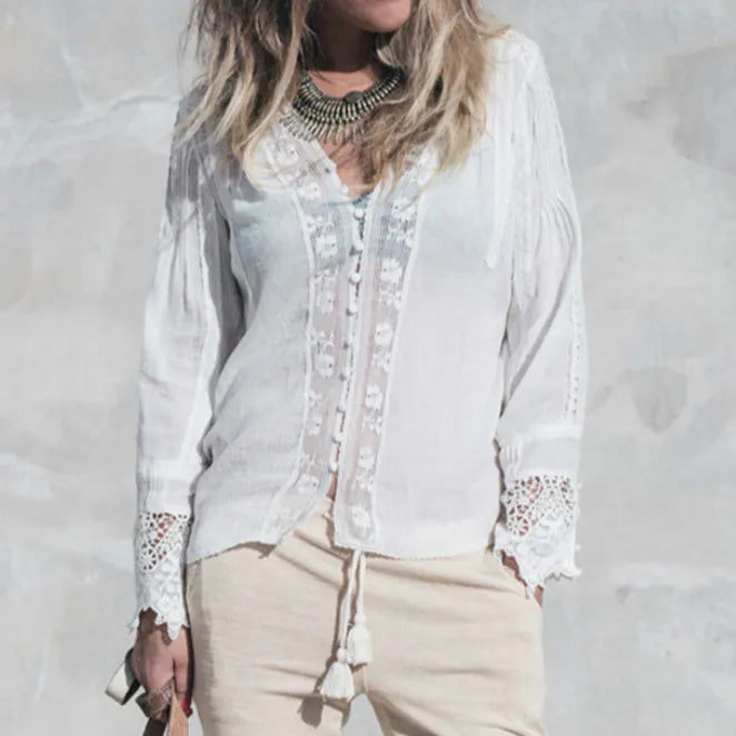 White Floral Lace V-Neck Blouses