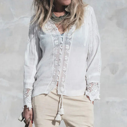White Floral Lace V-Neck Blouses