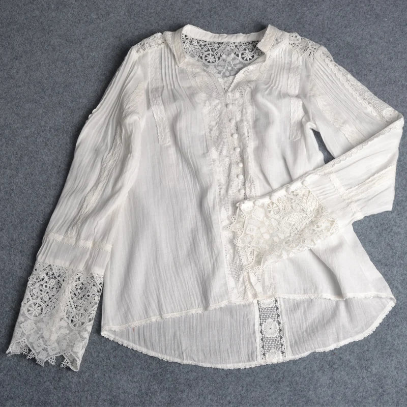 White Floral Lace V-Neck Blouses