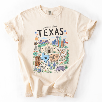 Greetings From Texas - Comfort Colors Relaxed Fit Premium T Shirt