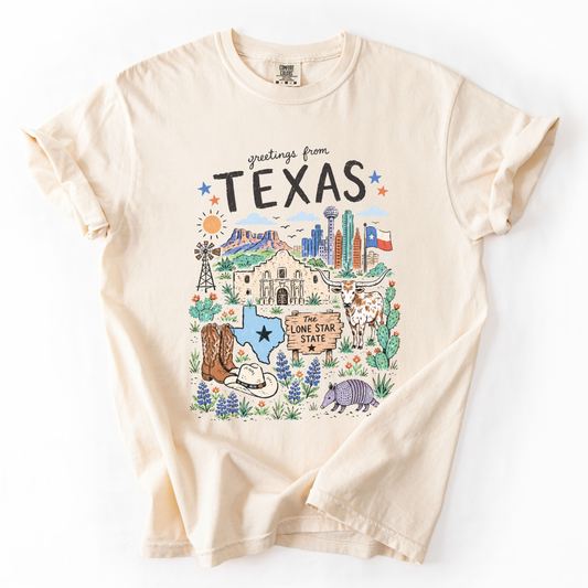 Greetings From Texas - Comfort Colors Relaxed Fit Premium T Shirt