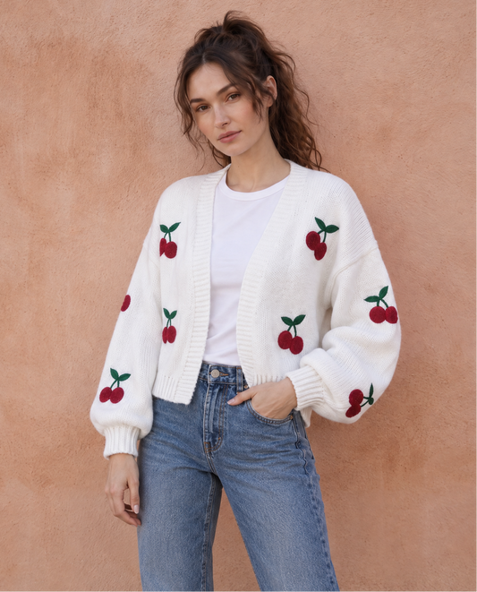 Low Shoulder Cherry Embroidery Pattern Cardigan