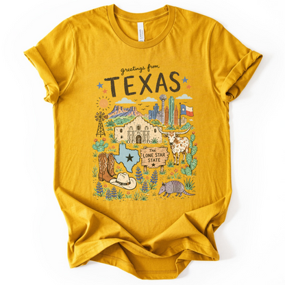 Greetings from Texas - Bella Canvas Super Soft Straight Cut T shirt