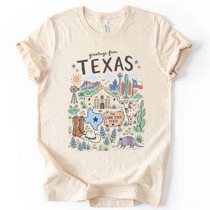 Greetings from Texas - Bella Canvas Super Soft Straight Cut T shirt