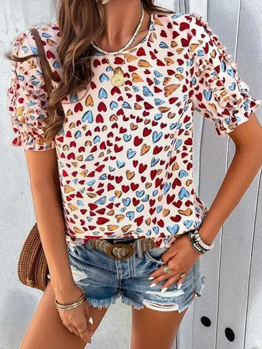 Round Neck Heart Ruffled Sleeve Top