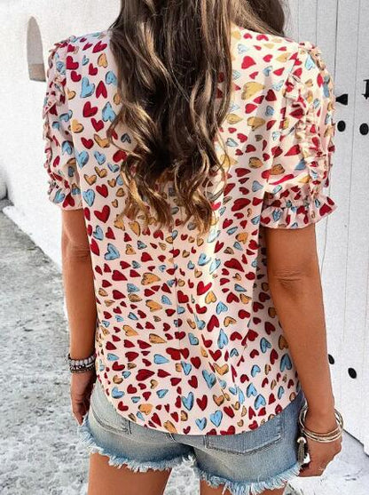 Round Neck Heart Ruffled Sleeve Top