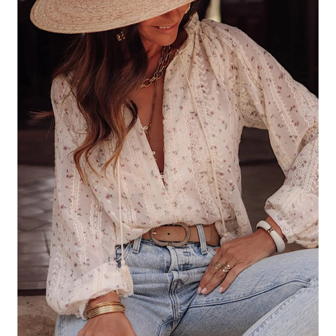 Lightweight Long Sleeve Bohemia  Lace Blouse