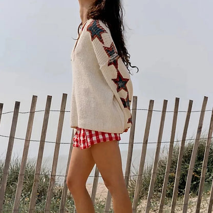 Women's Oversize V-Neck Knitted Sweater with Star Embroidery