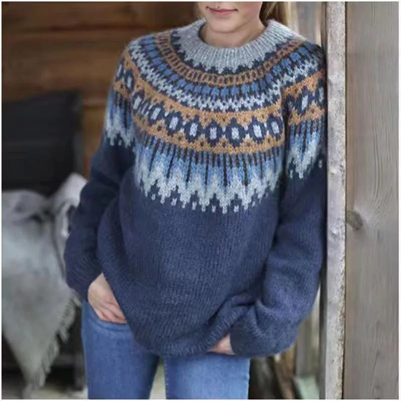 Women's Jacquard Knit Pullover Crew Neck Long Sleeve Sweater