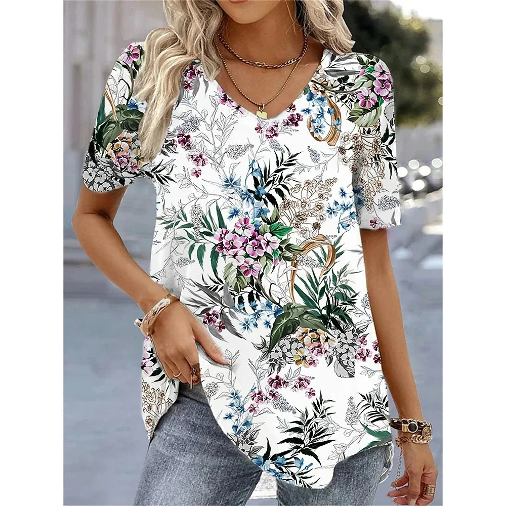 3d Flower Print Kawaii V-Neck