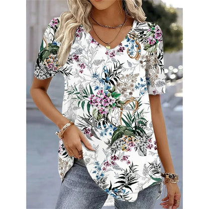 3d Flower Print Kawaii V-Neck