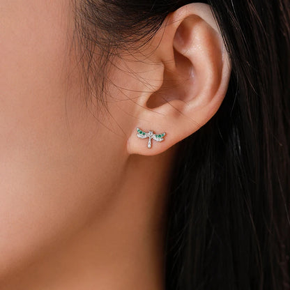 925 Sterling Silver Elegant Dragonfly Green CZ Stud Earrings