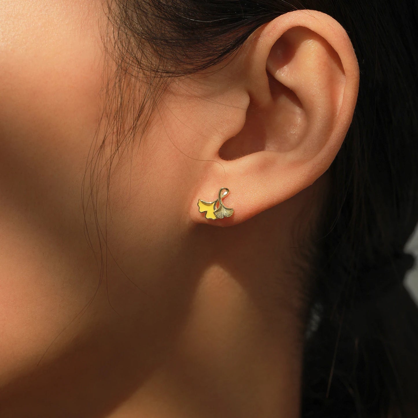 925 Sterling Silver Lucky Ginkgo Biloba Leaves Enamel Gold Plating Stud Earrings