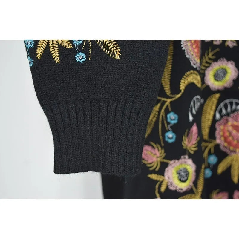 Women's Boho Black Floral Embroidery Knit Pullover Sweater
