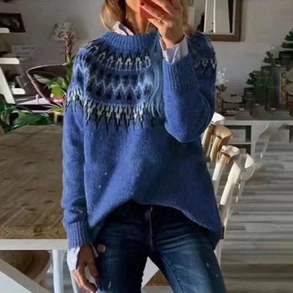 Women's Jacquard Knit Pullover Crew Neck Long Sleeve Sweater