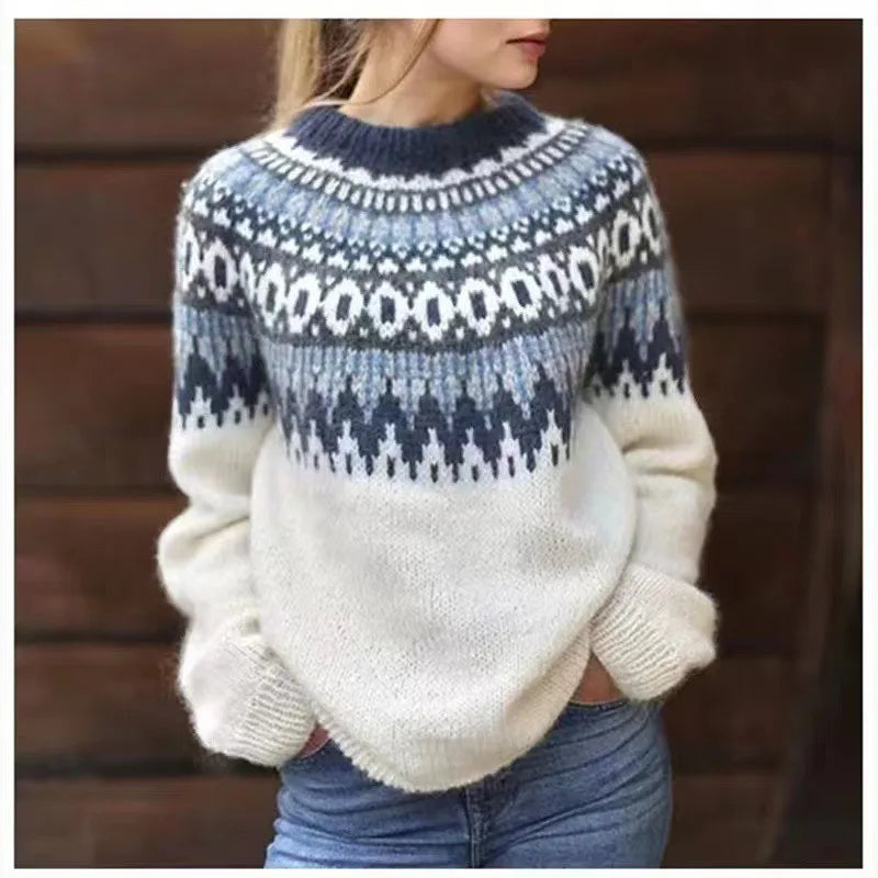 Women's Jacquard Knit Pullover Crew Neck Long Sleeve Sweater
