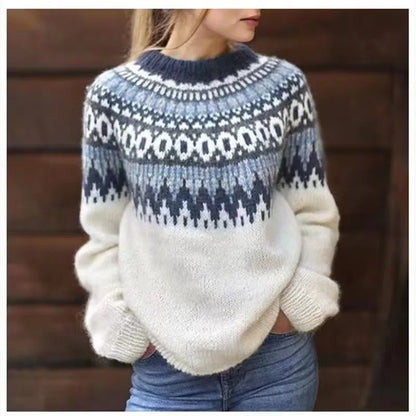 Women's Jacquard Knit Pullover Crew Neck Long Sleeve Sweater