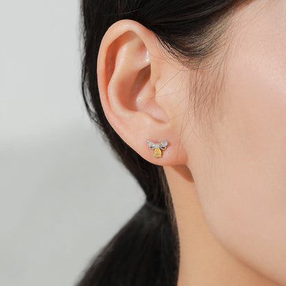 925 Sterling Silver Cute Yellow Zircon Bee Earrings