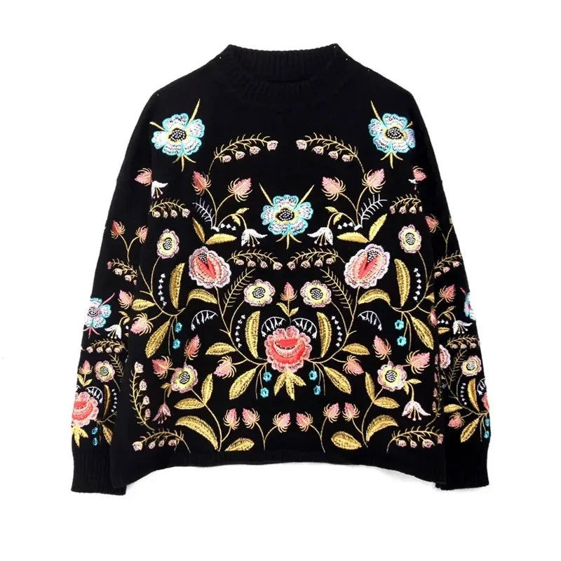 Women's Boho Black Floral Embroidery Knit Pullover Sweater